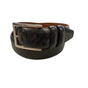 Johnston & Murphy Belt Men 32 Black Woven Italian Calfskin Leather Silver Buckle